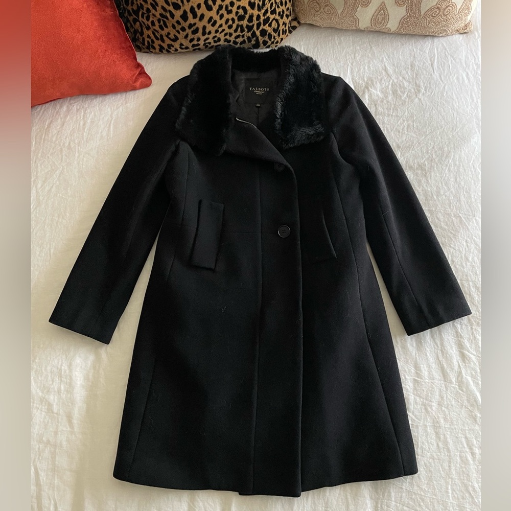 Talbots Petites Black Wool Blend Coat with Faux Fur Collar